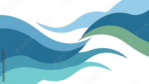 A colorful, wavy, abstract design in shades of blue and green against a white backdrop, evoking a sense of fluidity and movement