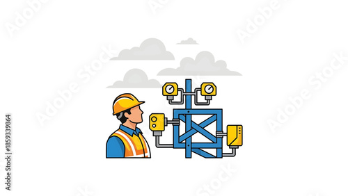 A construction worker in safety gear examines equipment against a cloudy sky. The illustration depicts a blue framework with various yellow monitoring devices