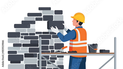 A construction worker is depicted building a wall with bricks. He wears a hard hat and safety vest. A scaffolding and tools are present. The wall is partially built, revealing the process