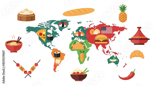 A colorful world map illustration showcasing global cuisine. It highlights various food items representing different countries. The design uses flat, stylized icons