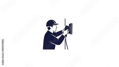 A construction worker, wearing a hard hat and dark work clothes, is using a power tool on a wall. The image is a simple illustration