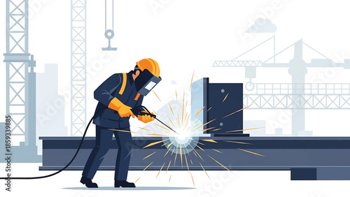 A construction worker welds two steel structures together with a bright spark. Construction equipment in the background. Illustrative style