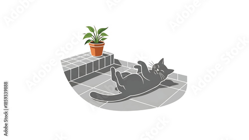 A content cat reclines on a tiled floor near a potted plant. The feline is gray, and the plant has green leaves and brown pot