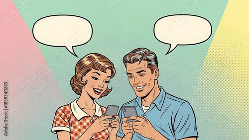 Retro pop art couple using smartphones with blank speech bubbles for text
