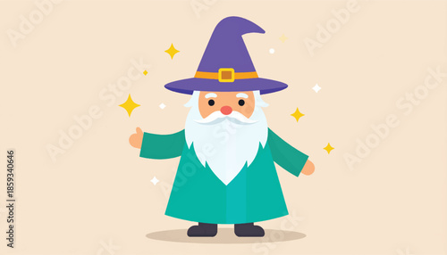Cartoon Wizard with Pointed Hat and Long White Beard.