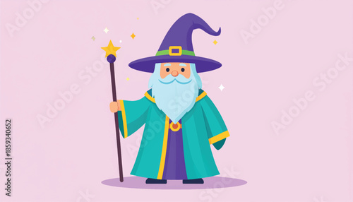 Cartoon Wizard Character with Staff and Pointed Hat Illustration.