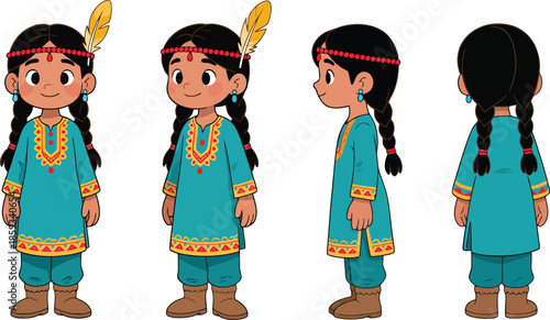 Cute Tribal Indian Girl Character Turnaround in Traditional Dress – Front, Side, Back Views