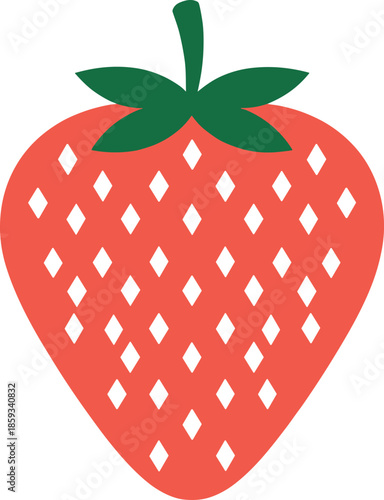 Minimal strawberry fruit illustration with geometric white seeds and green leaves in modern flat style for fresh food design