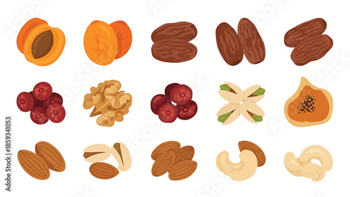 A collection of various dried fruits and nuts, including apricots, dates, cranberries, walnuts, pistachios, almonds, cashews, and figs