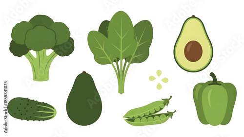 A collection of various green vegetables and fruits broccoli, spinach, avocado, cucumber, peas, bell pepper, and seeds, shown on a white background