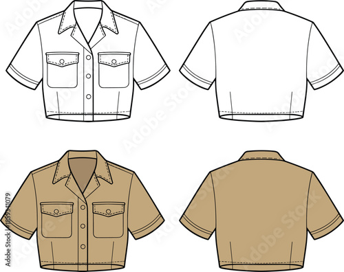 Technical Fashion Sketch of Women's Cropped Short Sleeve Button Down Shirt with Pockets, Front and Back View Vector Illustration for Apparel Design (22 words)
