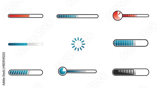 A collection of various progress indicators showcasing the different stages of loading, using bars, circles, and gradients