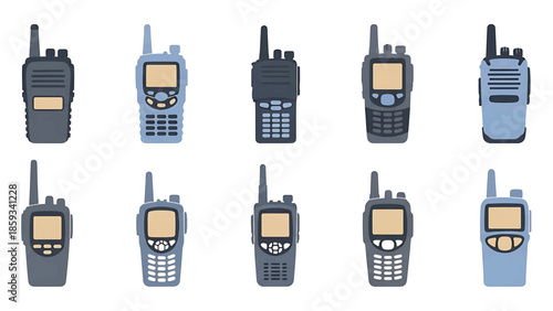 A collection of various portable communication devices, depicted in a flat style with diverse colors and shapes. The arrangement is in a neat layout
