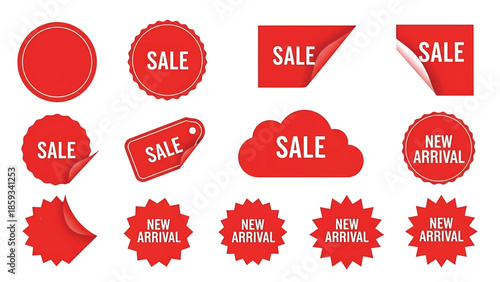 A collection of various red labels with different shapes, showcasing the words "SALE" and "NEW ARRIVAL" against a white background