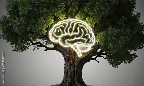 A luminous tree whose branches form the shape of a human brain, symbolizing knowledge, growth, and the merging of nature