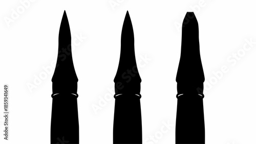 Three black silhouettes of sharp pointed objects on white
