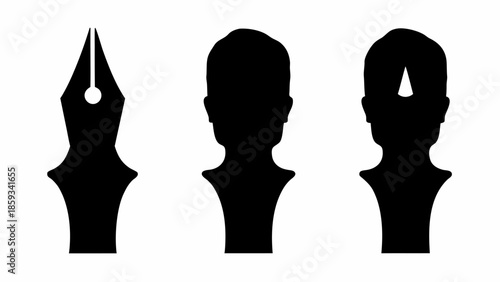 Silhouettes of fountain pen nib and two heads with creative inspiration