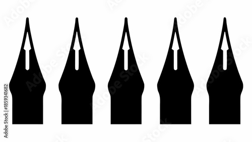 Five black fountain pen nibs on white background
