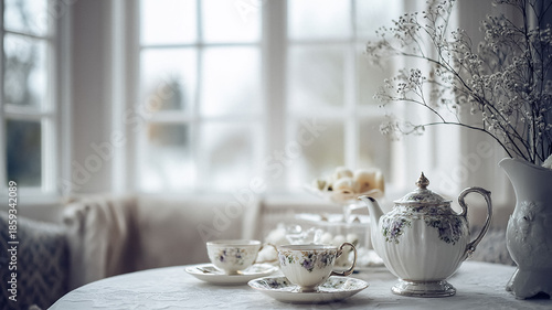 Wallpaper Mural Elegant afternoon tea time setup with floral porcelain cups, teapot, and delicate dried gypsophila flowers Torontodigital.ca