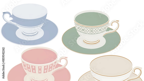 A charming illustration depicts four teacups, each resting on its saucer.  The teacups vary in color and design, showcasing delightful patterns