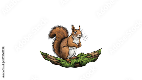 A charming, illustrated rodent sits perched on a mossy branch, with a fluffy tail and attentive gaze. The style is detailed, with a clear, white background