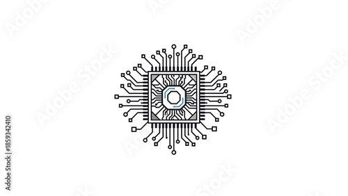 A centrally positioned digital processing chip design with interconnecting lines and elements. The design conveys the concept of digital technology