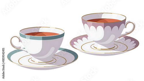A charming, digitally created illustration of two elegant teacups filled with a dark liquid, resting on matching saucers. Intricate gold details grace the edges