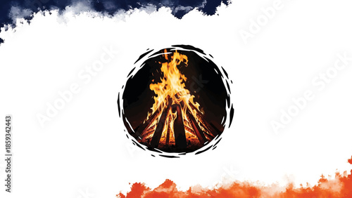 A central campfire in a dark circle with orange flames on white background, dark blue and orange watercolor effects above and below