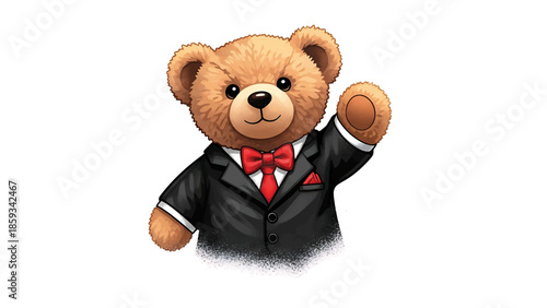 A charming anthropomorphic teddy bear, dressed in an elegant black suit, red bowtie, and pocket square, waves hello with a friendly gesture