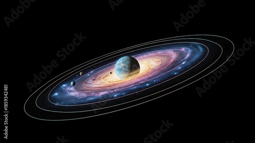 A celestial illustration showcasing a galaxy's spiral arms with orbiting planets, evoking the vastness of space. The composition includes a central planet