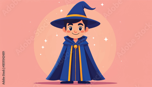 Cartoon Wizard Boy with Hat and Cape Illustration.