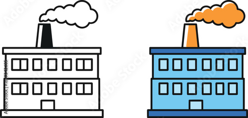 Factory building icons set with industrial plant and smokestack in outline and flat color styles for manufacturing design