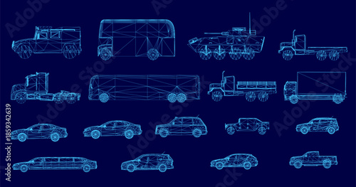 Blueprint wireframe set of cars and trucks on a blue background, providing detailed technical views of various vehicle types. Side view