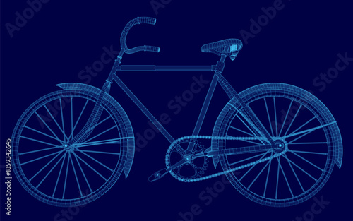 A detailed bicycle blueprint wireframe on a blue background highlights the intricate mechanical structure and engineering design.