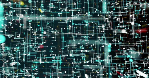 The abstract digital world pulsates with neon lines and dots, weaving the pattern of cyberspace. Color energy fills space, creating the illusion of data flowing.