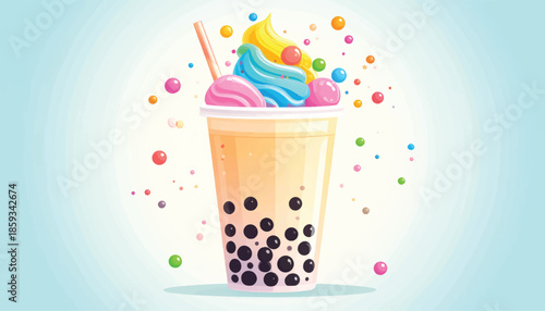 Colorful Bubble Tea with Whipped Cream and Boba Pearls.