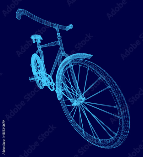 A detailed 3D wireframe model of a bicycle is rendered realistically against a solid blue background.