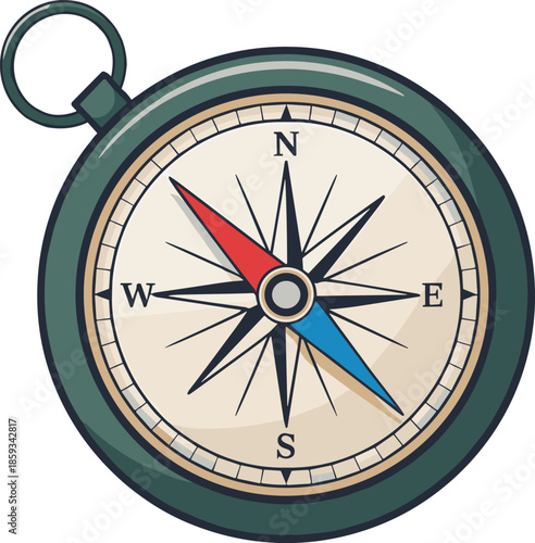 Vintage Magnetic Compass Illustration with Compass Rose and Red Needle Indicator for Navigation Travel Adventure Discovery Mapping Orientation and Directional Concepts