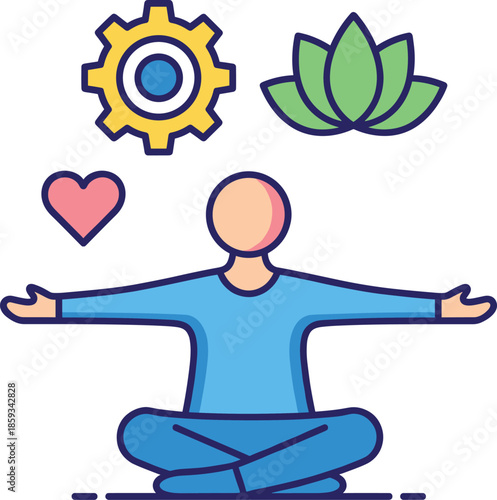 Mindfulness meditation illustration with calm person, heart, gear and lotus symbols representing mental health balance wellness and self improvement