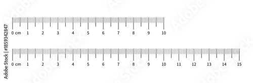 Set of measuring chart with 10cm and 15 centimeters. Collection of ruler scale 100mm, 150 mm with numbers. Templates of ruler scale. Length measurement height, math, distance, Sewing tool