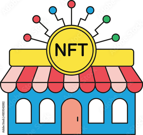 NFT marketplace storefront illustration with token sign and digital network elements representing blockchain trading and crypto commerce concept