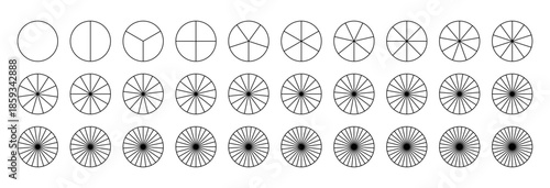 Pie chart. Parts of diagram wheel from 1 to 30. Outline black graphics. Pie charts, pizza charts set. Coaching blank. Segmented charts. Sectors divide the circle on equal parts.