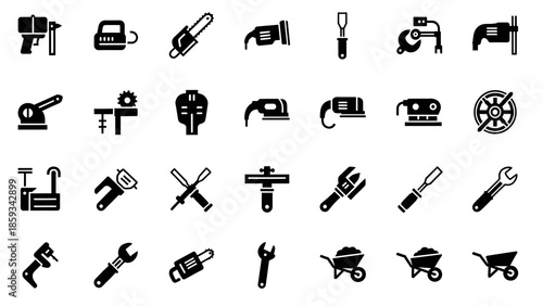 Diverse Collection of Black Glyph Icons for Various Tools
