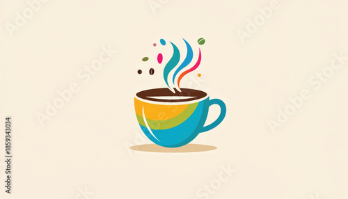 Colorful Coffee Cup with Steam and Artistic Flair, Modern Design.