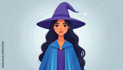 Cartoon witch with a purple hat and blue cape illustration.