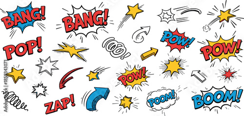 Vibrant Comic Book Explosion Elements on White Background