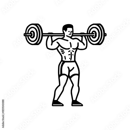 Man lifting barbell weight training for strength and fitness with defined muscles in black and white line art
