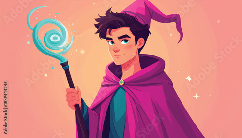 Young Wizard with Staff and Cape in Cartoon Style.