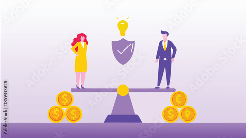Two professionals on a seesaw made of coins with a lightbulb and shield symbolizing business balance and financial stability