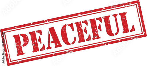 A rectangular red stamp displaying the word peaceful in large bold white lettering is prominently featured against a white background